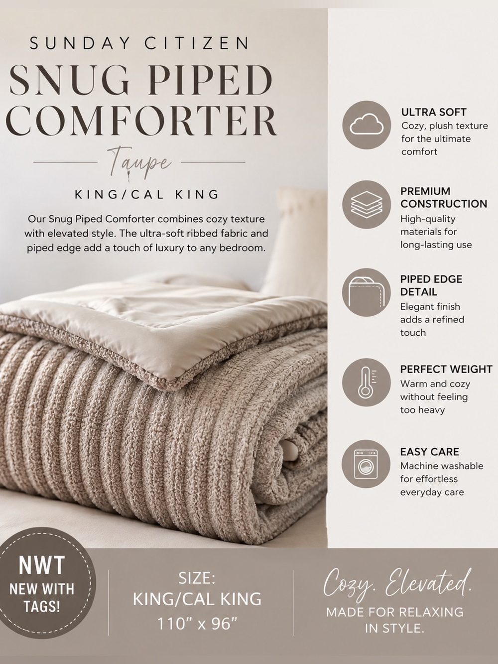 Sunday Citizen Snug Piped Comforter Taupe King/Cal King NWT